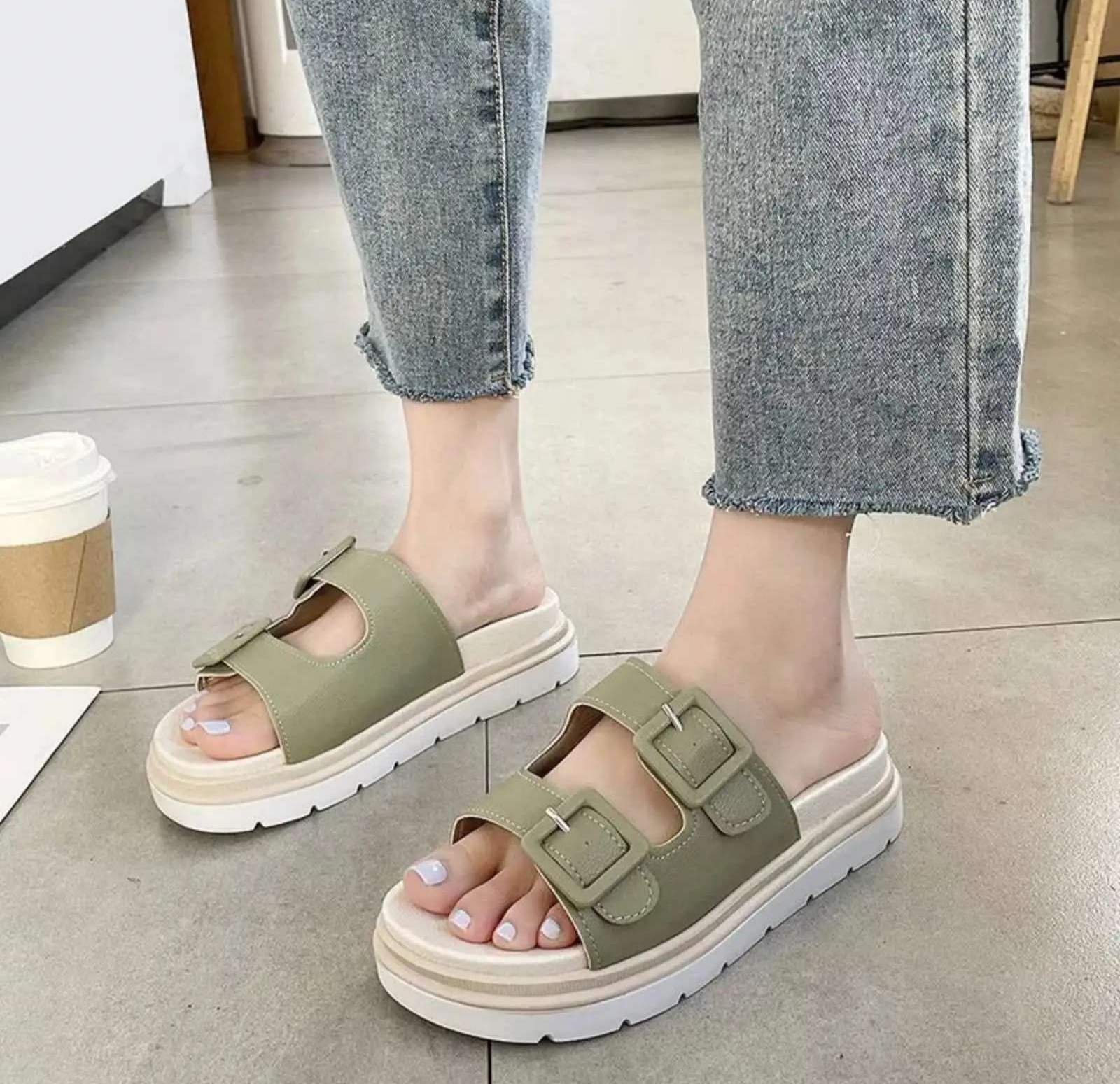 Newly Women Flat Sandals PU Footbed Casual Wedges Slip On Slides Slippers Shoes Thick Soft Sole 1