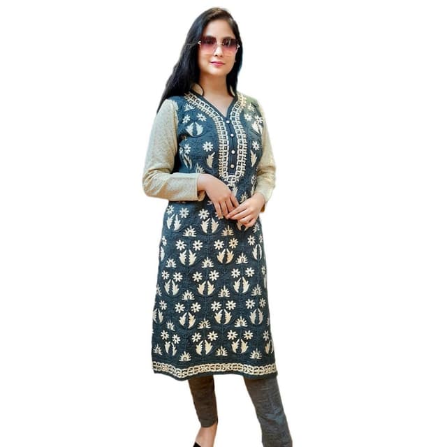 Wollen Kurti Tops For Women In Gray And Off-White Color
