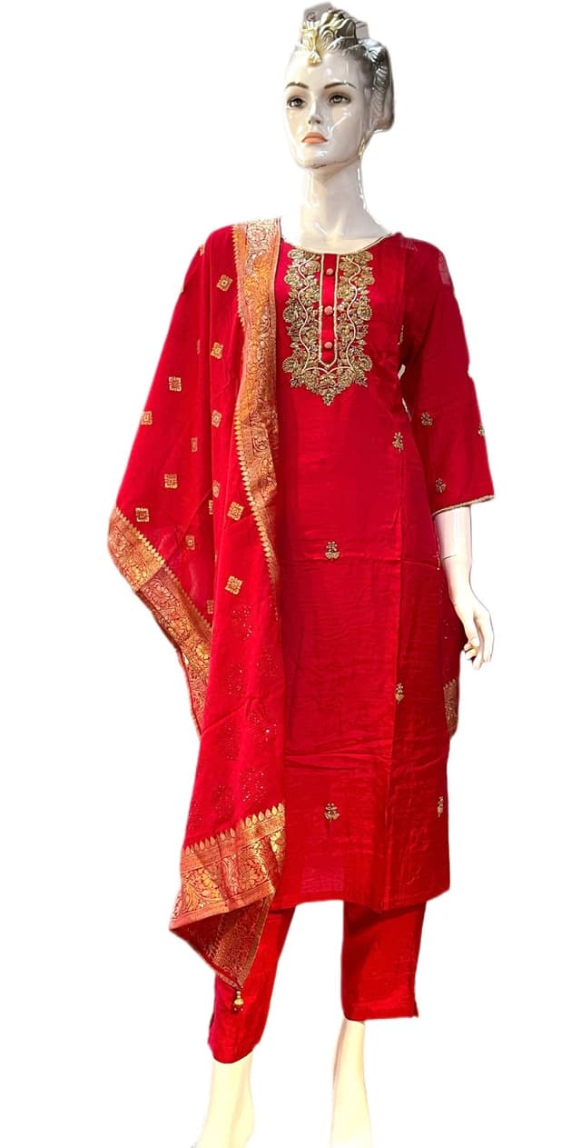 Dola Silk Hand Embroidery Worked Kurti Sets For Women In Red Color