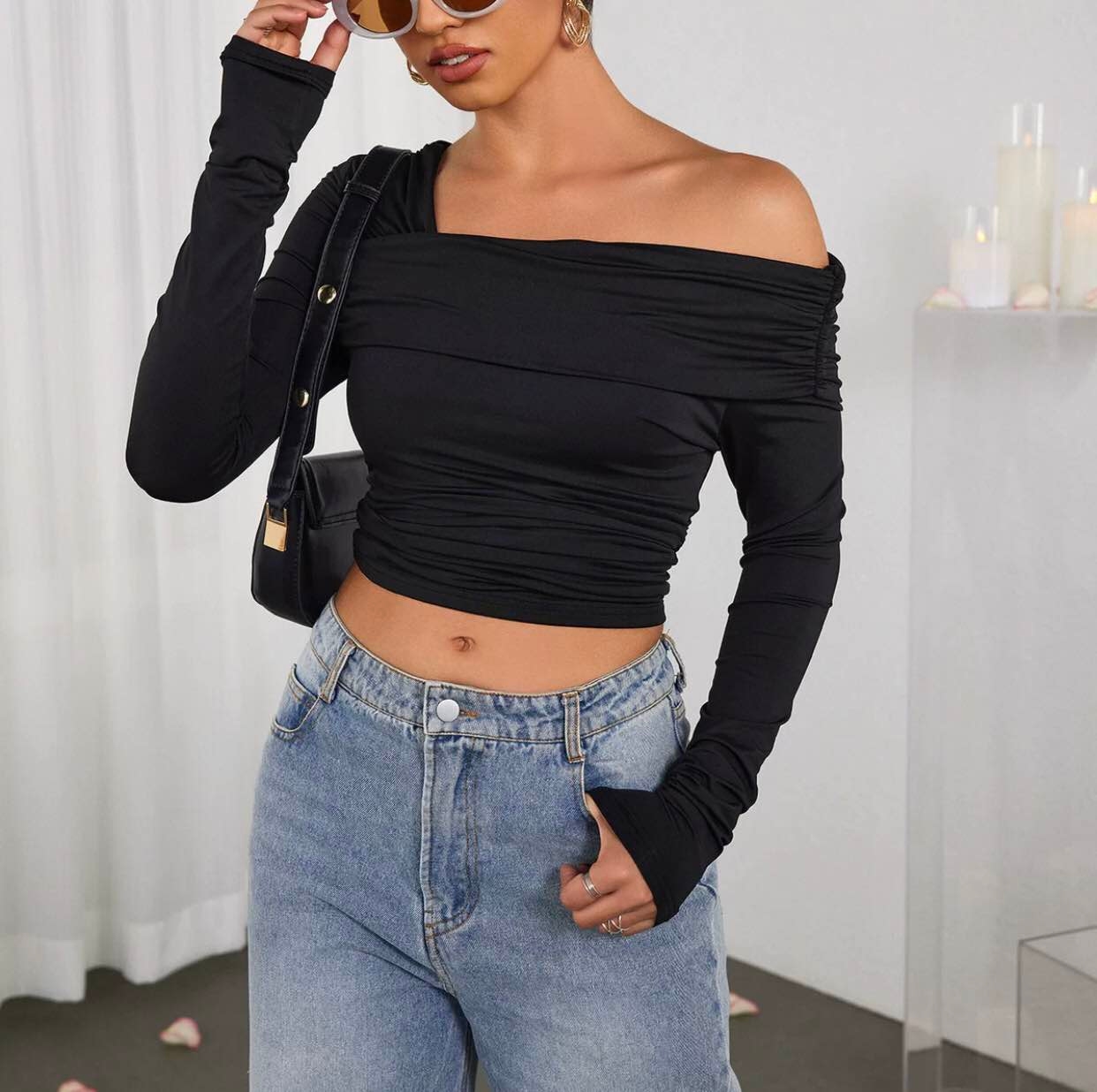 New Summer Special Free Size Full Sleeve Oneside Off Should T shirt For Women 1