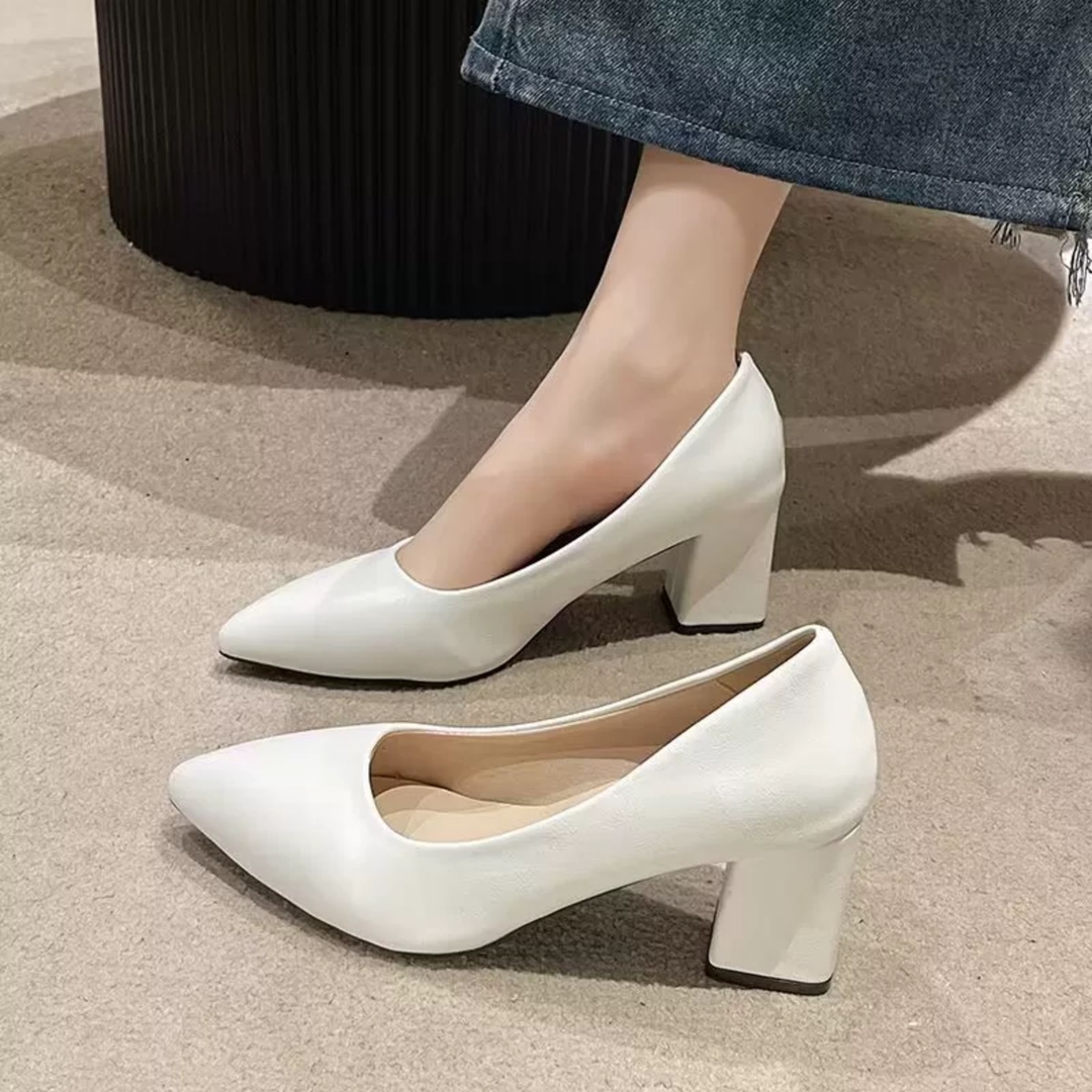 LuxeShine Women's Classic Cream Patent Block Heels – Elegant, Comfortable & Timeless 1