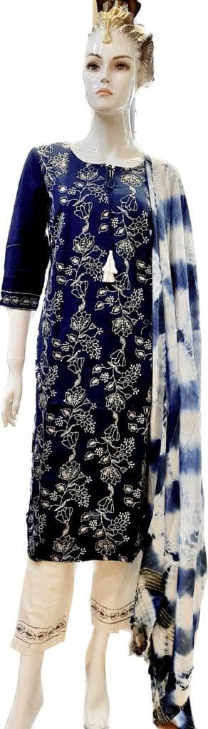 Dark Blue Cotton Kurti Sets Women's Straight Fit Top with Palazzo Pants Party Wear Casual Outfit