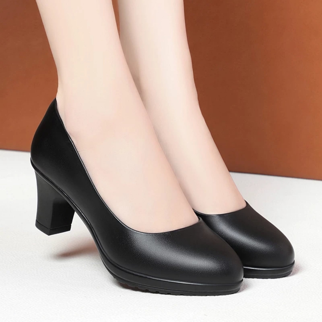 LuxuryEase Women's Black Leather Block Heel Pumps – Elegant Comfort with Soft Sole for Office & Casual Wear 1