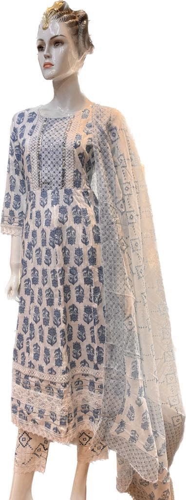 Blue Cotton Anarkali Sets Women's Straight Long Suit Casual Wear Party Wear Anarkali Dress