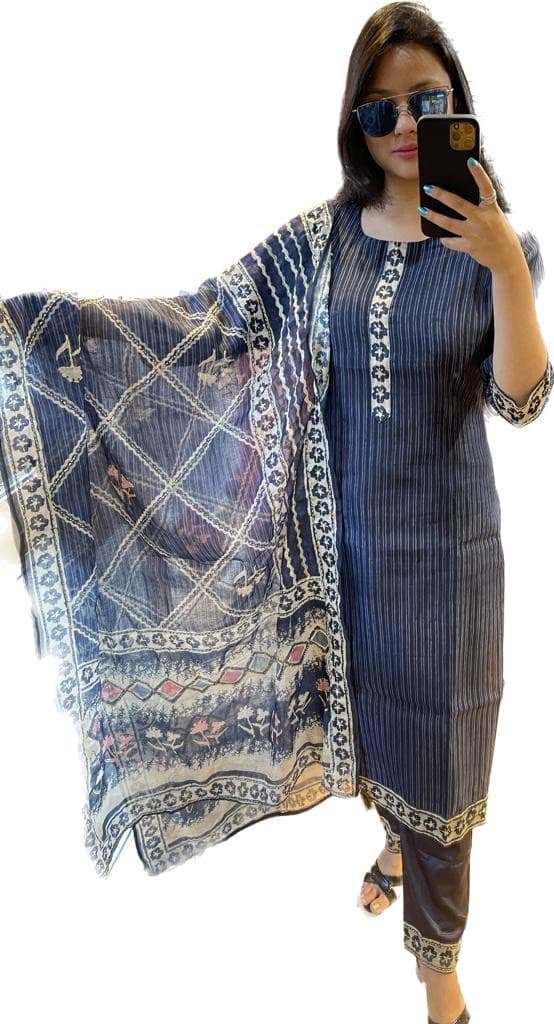 Muslin Silk Kurti Sets For Women In Blue Colour