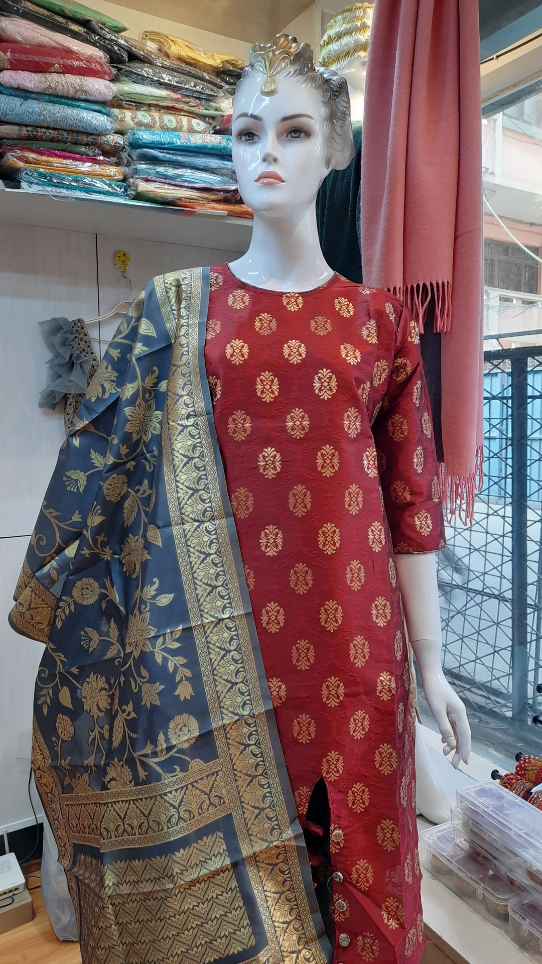 Banarasi Silk Kurti Sets for Women Embroidered Straight Anarkali Suit in Maroon Wine And Royal Blue Colors with Palazzo Pants 1
