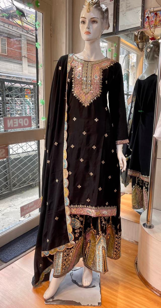 Black Heavy Embroidery Worked Sarara Sets For Women