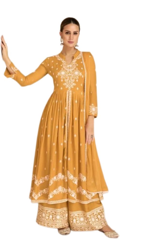 Lakhnavi Chickenkari Kurti Plazo Sets For Women In Yellow