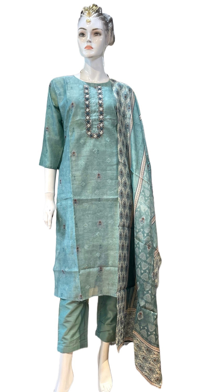 Silk Kurti Pants Sets For Women In Aqua Green Color 1