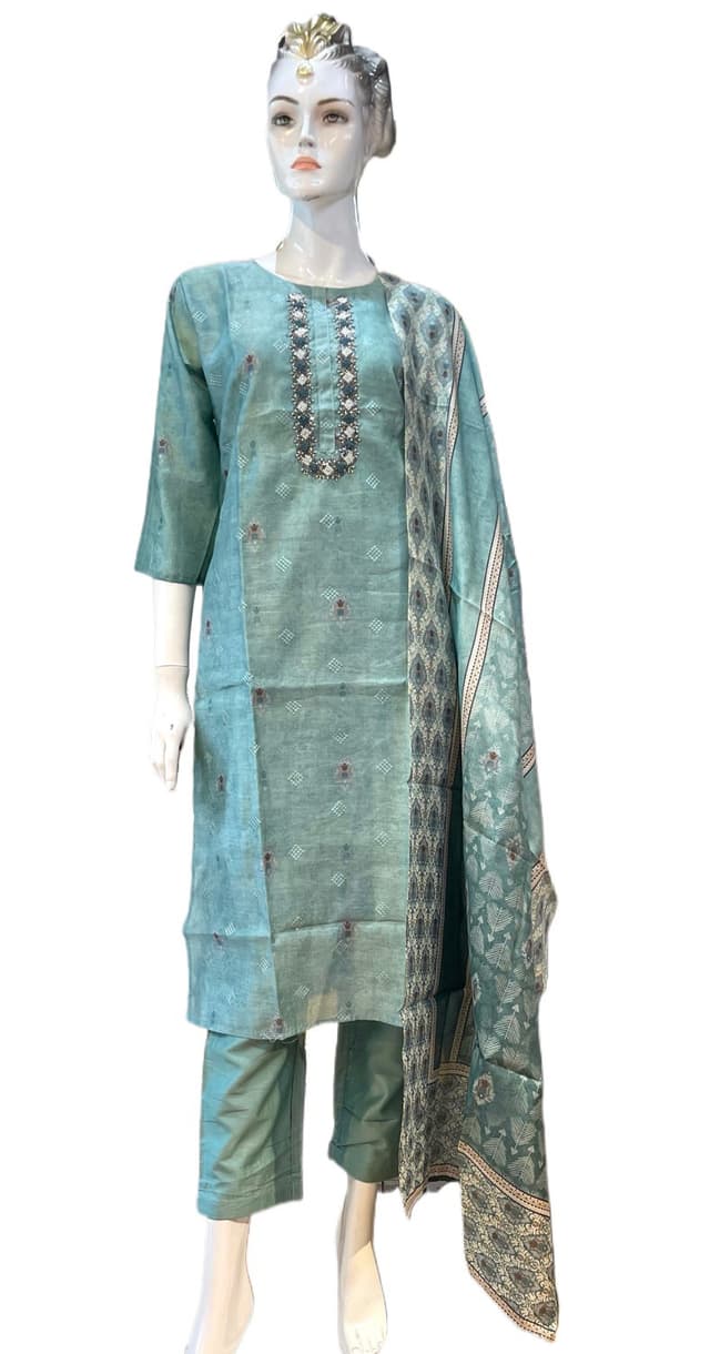 Silk Kurti Pants Sets For Women In Aqua Green Color