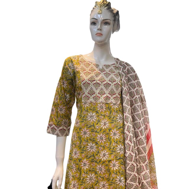Soft Cotton Printed Kurti Sets For Women In Green Color