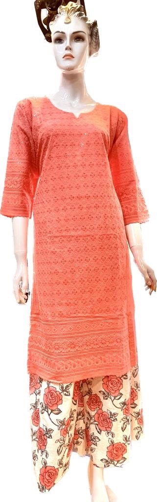 Cotton Chickenkari Sequins Worked Kurti Plazo Sets For Women 1