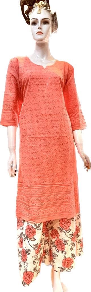 Cotton Chickenkari Sequins Worked Kurti Plazo Sets For Women