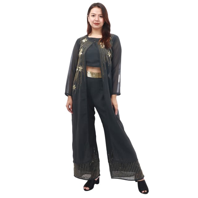 Grey Georgette Sleeveless Tops, Embroidred Outer With Plazzo Set For Women