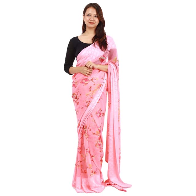 Pink Chiffon Flower Printed Saree With Unstitched Blouse Set For Women