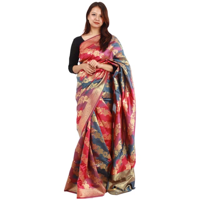 Pink Silk Flower Design Saree With Unstitched Blouse Set For Women