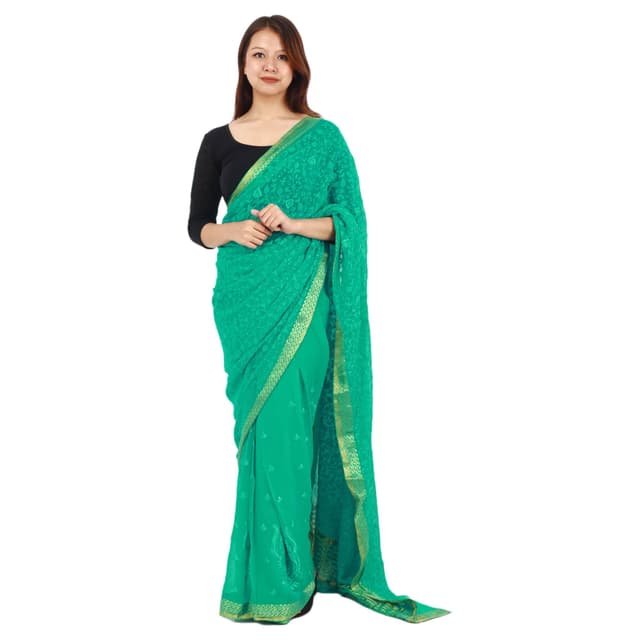 Green Chiffon Floral Embroidred Saree With Unstitched Blouse Set For Wome