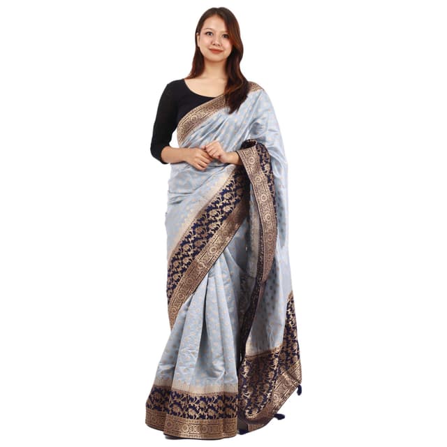 Grey Silk Floral Embroidred Blue Border Design Saree With Unstitched Blouse Set For Women
