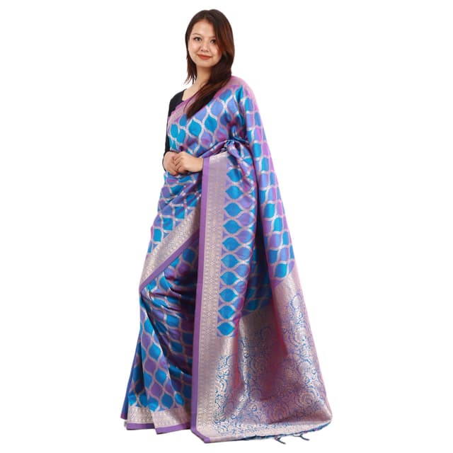 Blue Silk Printed Saree With Unstitched Blouse Set For Women