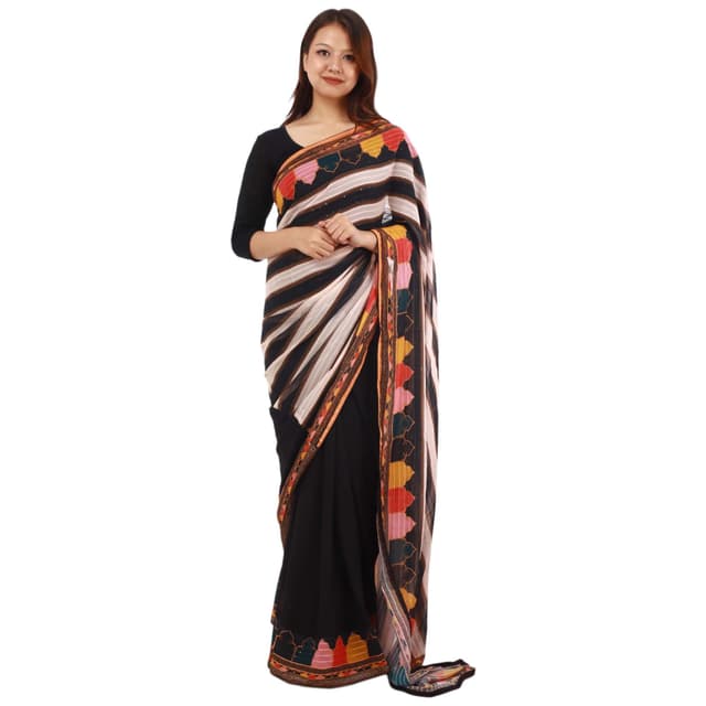 Black Chiffon Border Printed Saree With Unstitched Blouse Set For Women