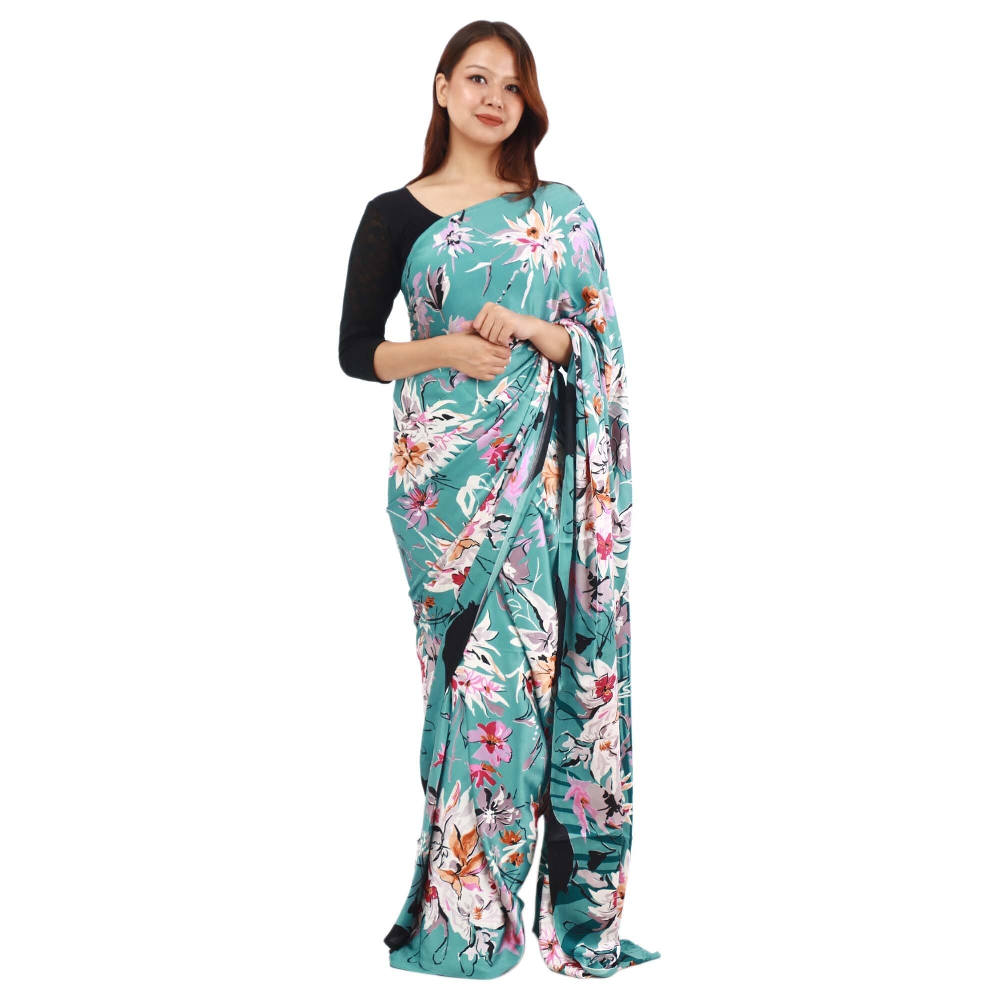 BlueSatin Silk Flower Digital Printed Saree With Unstitched Blouse Set For Women 1