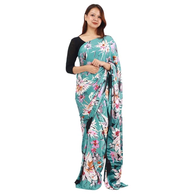 BlueSatin Silk Flower Digital Printed Saree With Unstitched Blouse Set For Women