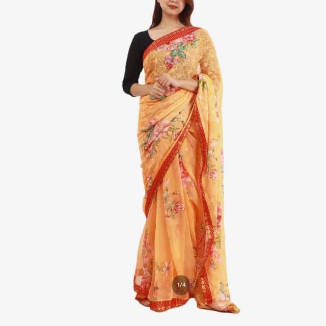 Orange Chiffon Floral Design Saree With Unstitched Blouse Set For Women