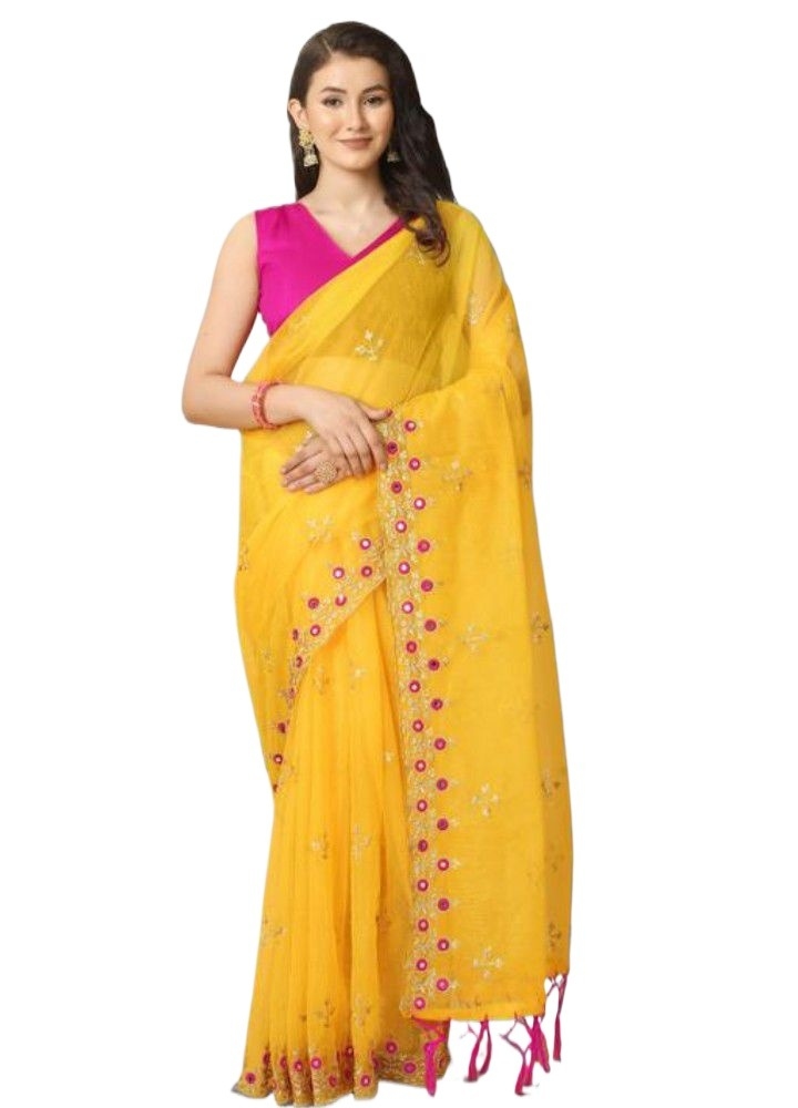 Supe Net Fabric Mirror Embroidery Saree For Women 1
