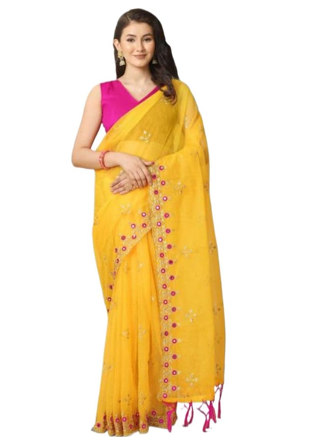 Supe Net Fabric Mirror Embroidery Saree For Women