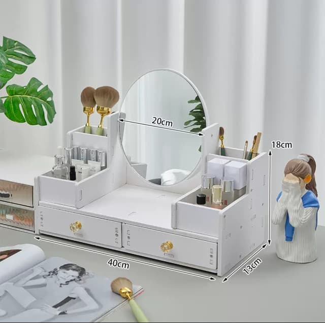 Elegant New Makeup Organizer with Detachable Drawer and Round Mirror - High-Quality Cosmetic Storage Box