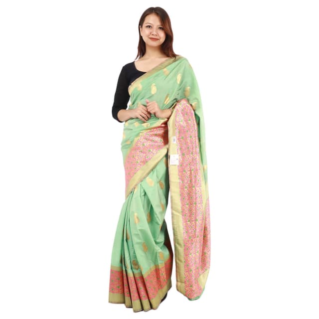 Light Green Dola Silk Golden Leaf Design Saree With Unstitched Blouse Set For Women