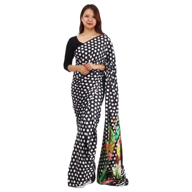 Black Satin Silk Flower Digital Printed Saree With Unstitched Blouse Set For Women