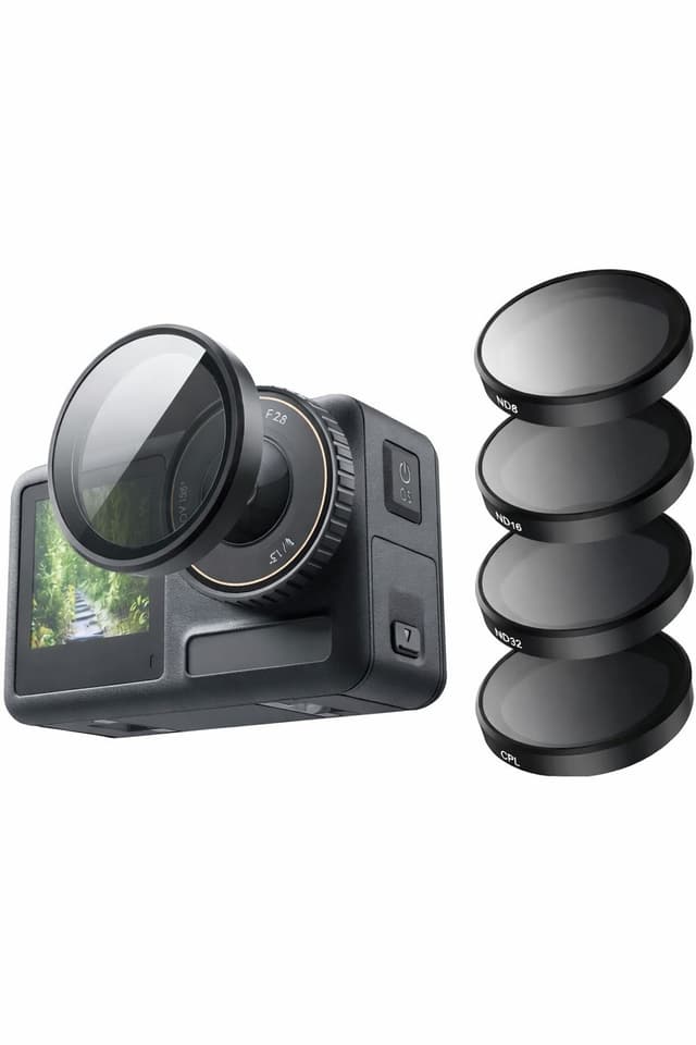 TELESIN Camera Filters Set designed for DJI Action 5 Pro/4/3 cameras, including a Circular Polarizer (CPL) and Neutral Density (ND) filters (ND8, ND16, ND32).