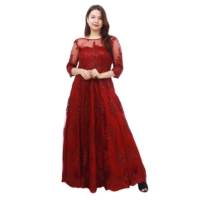 maroon Net Full Sleeve Floral Embroidred Long Gown For Women