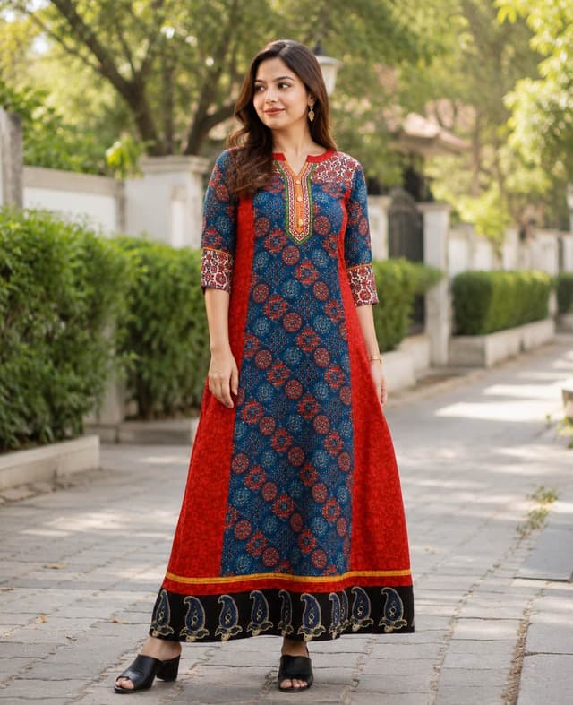 Blue cotton Neck Collor Full Sleeve Printed Long Gown For Women