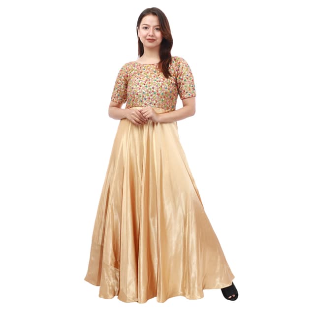 Golden Silk Full Sleeve Floral Embroidred Long Gown For Women