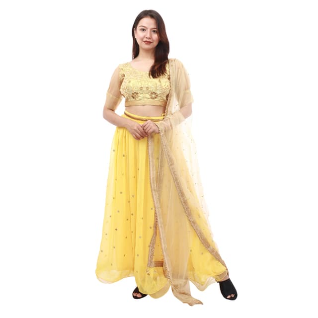 Yellow Georgette Embroidred Choli ,Lehenga With Net Shawl Set For Women