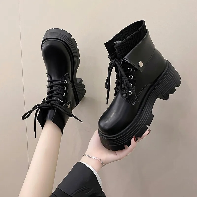 Fabulous Boots Rock Shoes Women Boots Flat Heel Luxury Designer Round Toe Lace Up Footwear Ankle Med Lolita Autumn 1