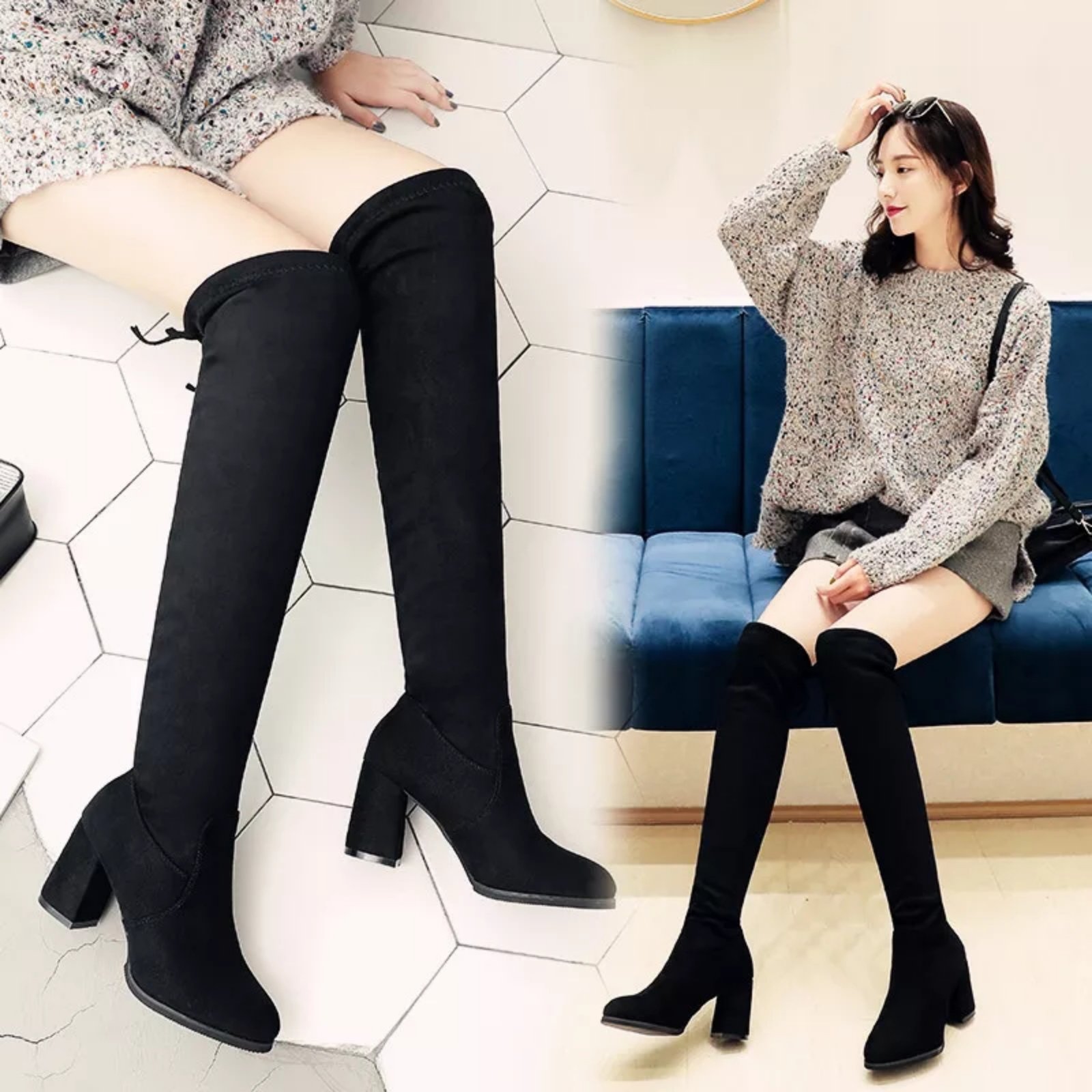Scrub Leather Women Fashion Knee High Boots Over The Knee Boots Hoof Heels - ( Nep-1) - Fashion | Women's Footwear | 1