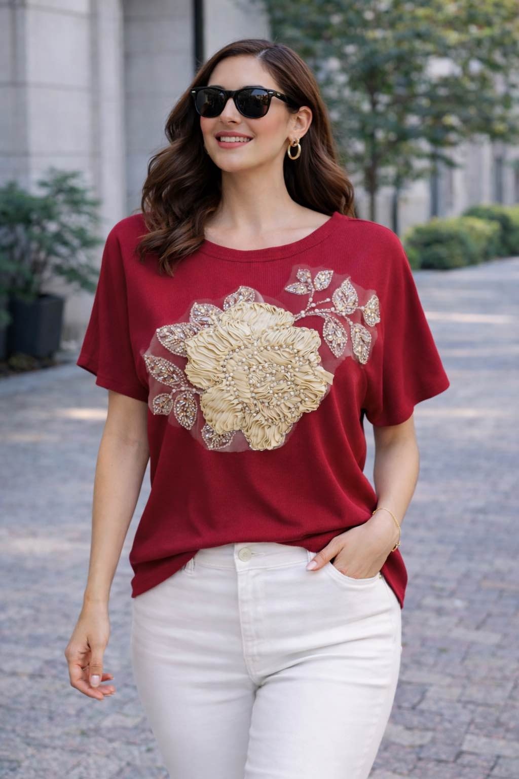 Floral Bat -Sleeve Short Tops and T-shirts For Women 1