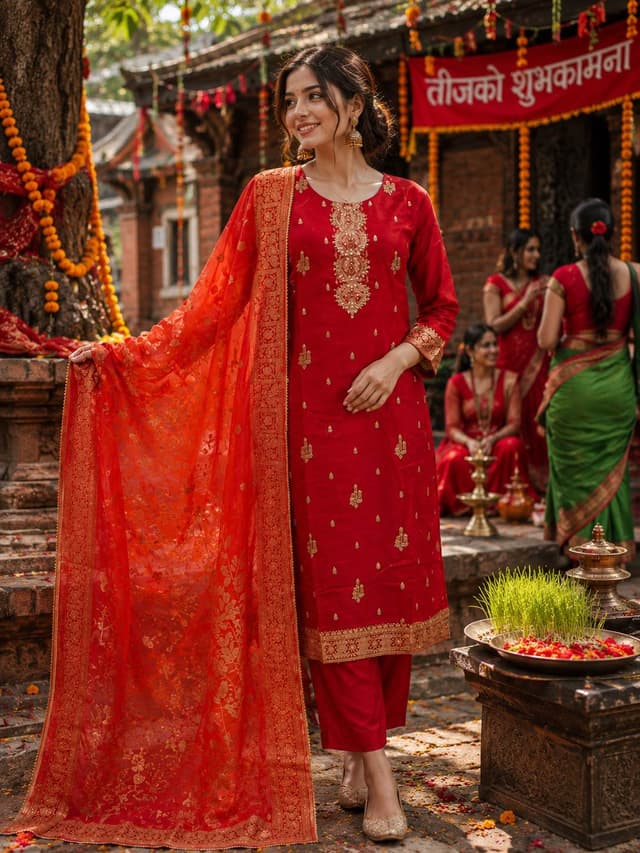 Premium Dola Silk Kurti Set For Women In Red