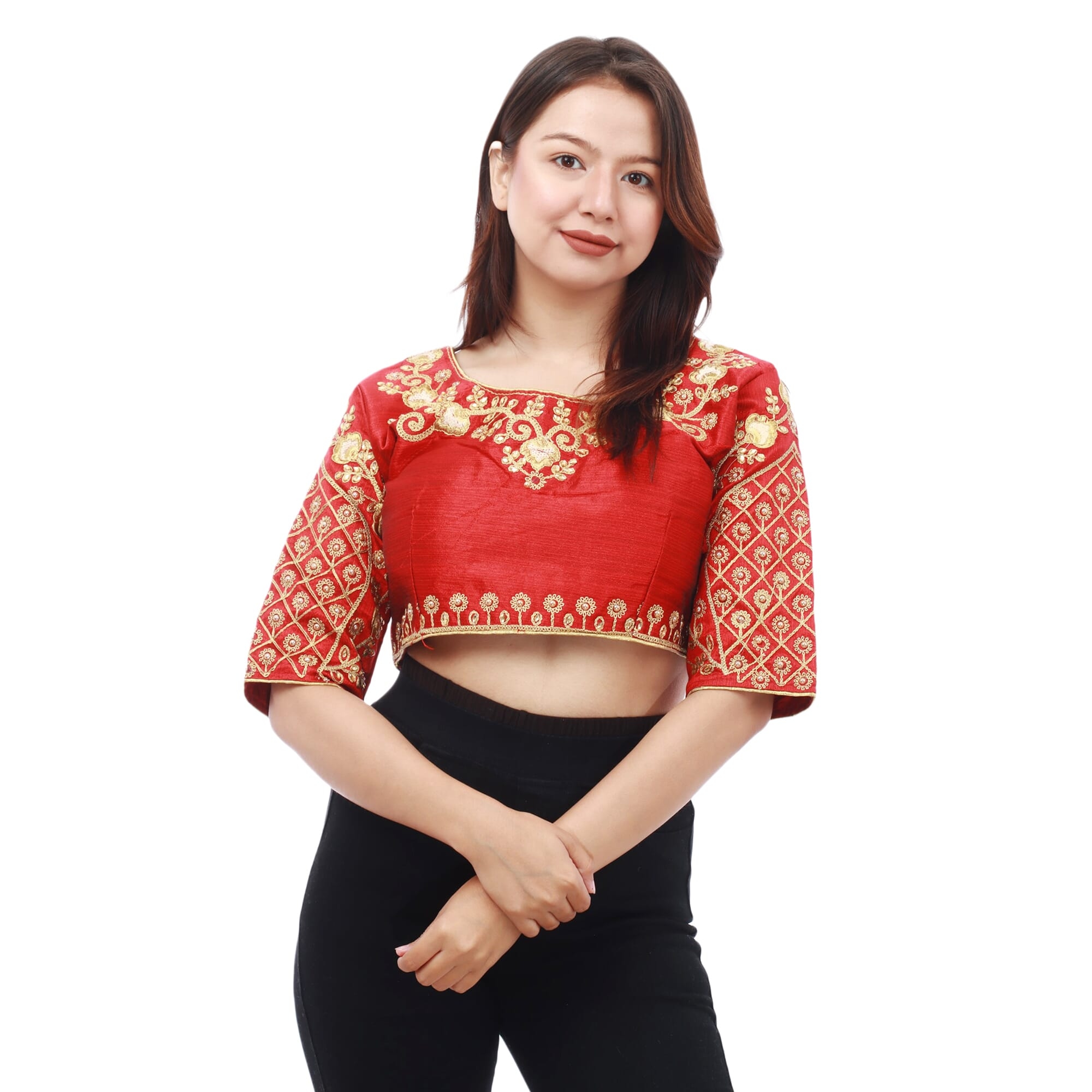 Red And Golden Silk Floral Embroidred Blouse For Women 1