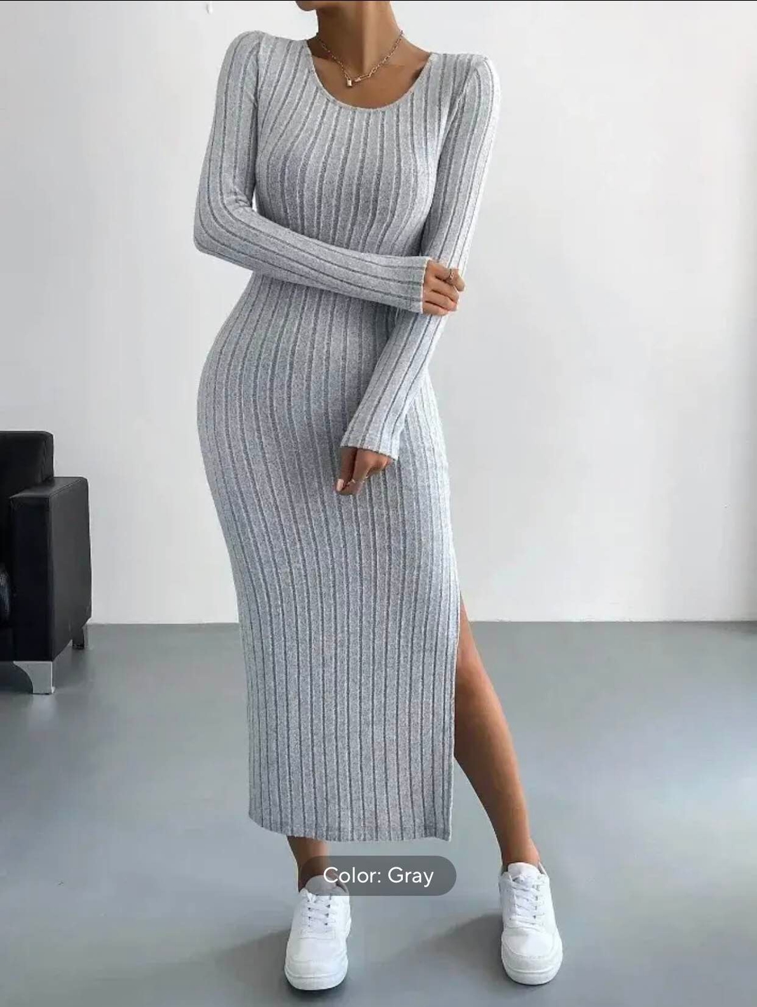 New Woolen Side Cute Full Sleeve Bodycon Dress For Women 1