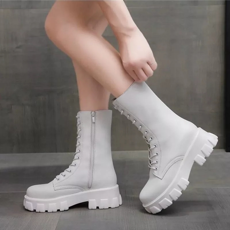 Women Mid Calf Boots Women Fashion Lace Up Ladies Chelsea Zipper Botas Mujer Platform Heel Ladies Shoes 1