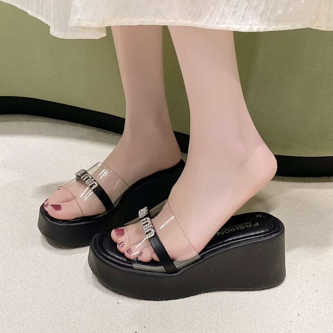 Elegant Women's Crystal Embellished Transparent Strap Platform Sandals – Off White & Black 1
