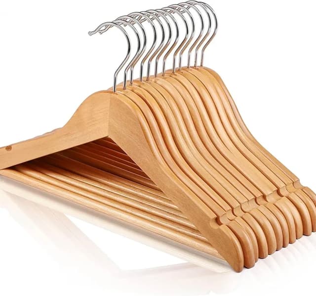 12 Pieces Wooden Baby Hangers for Closet Pack, Kids Wooden Hangers for Baby Clothes, Heavy Duty Wood Toddler Coat Hanger with Non Slip Pant Bar, 360° Swivel Hook, Shoulder Notches, Natural