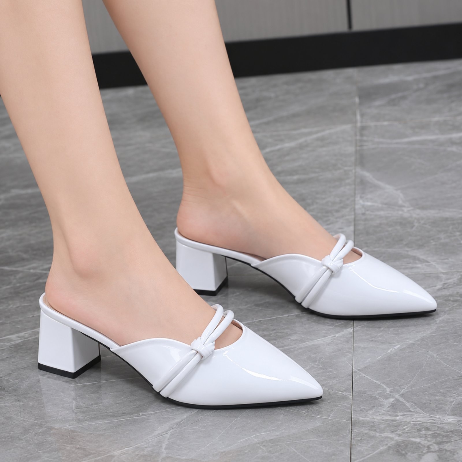 Premium Women's Glossy Patent Leather Pointed Toe Bow Block Heel Mules – Elegant Slip-On Dress Shoes 1