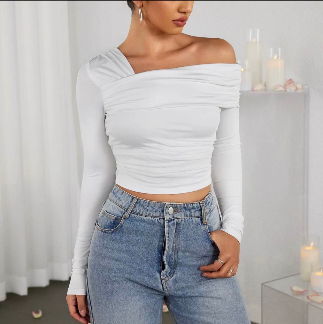 New Summer Special Plain Ones Side Offshulder Full Sleeve Croup T shirt for Women 1