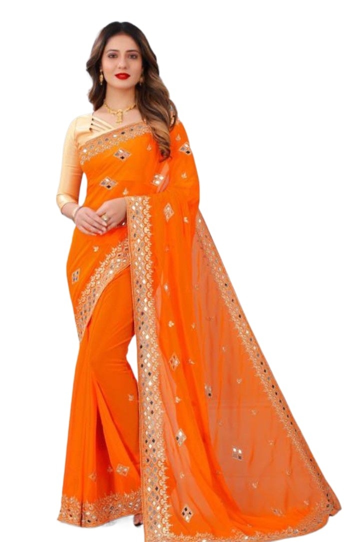 Georgette Orange Mirror Work Saree With Blouse 1