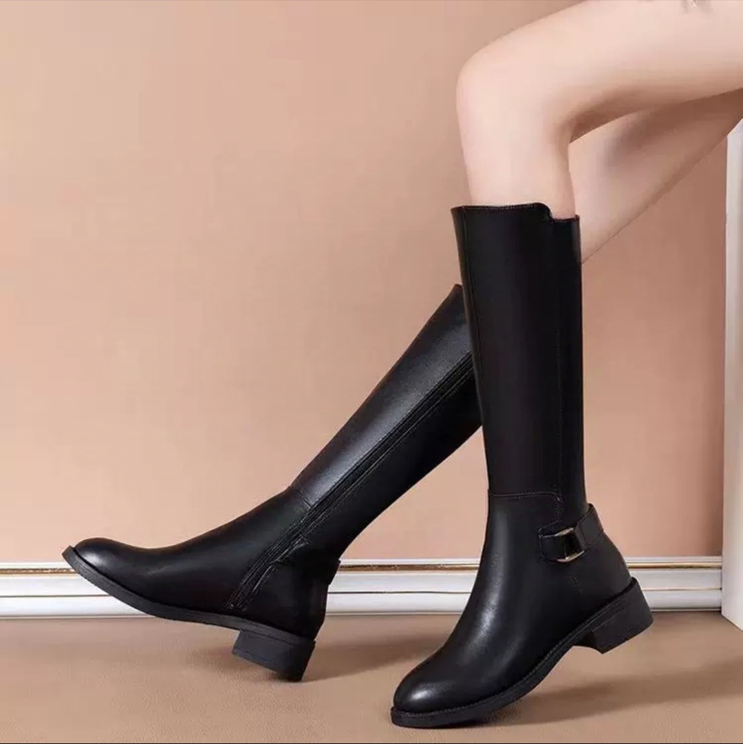Classic Style Genuine Leather Knee High Boots Autumn Women Comfortable Low Square Heels Zipper Round Toe Black Shoes 1